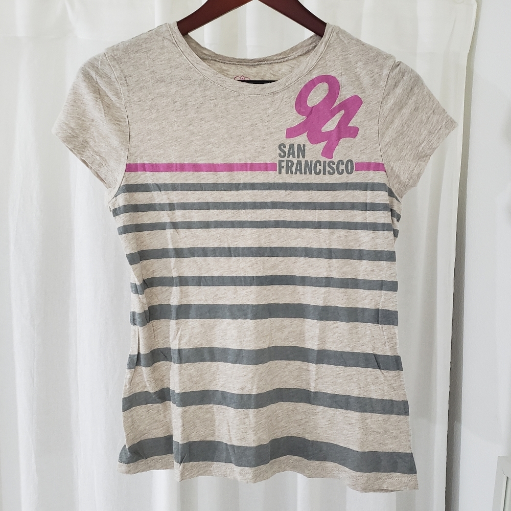 Old Navy Beige Tee with Gray Stripes and Pink Graphic